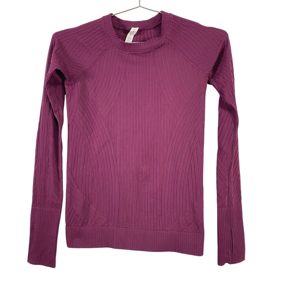 Lululemon Long Sleeve Shirt Womens 6 Purple Ribbed Seamless Thumbholes Logo